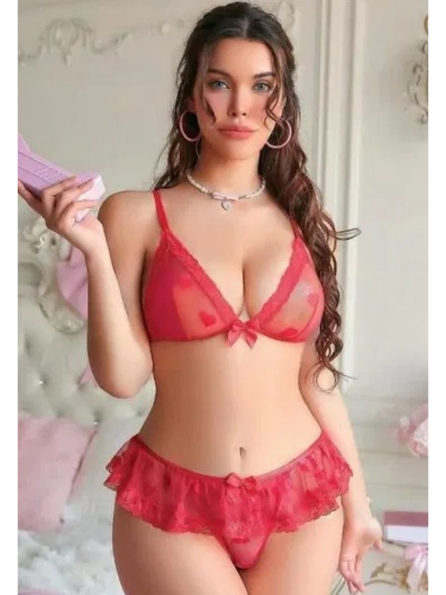 Kalp Desenli Fırfırlı Transparan Fantezi Takım - Görsel 2